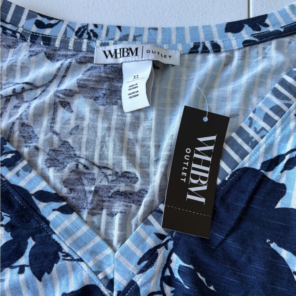 WHBM XL Floral V Neck Ruffle Short Sleeve NWT Blue Floral Stripe‎ Casual Travel - Picture 3 of 13
